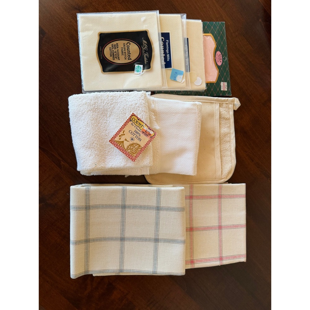 Vintage Cross Stitch Lot Aida Fabric 20x64 16x30 Towels Pot Holder Charles Craft